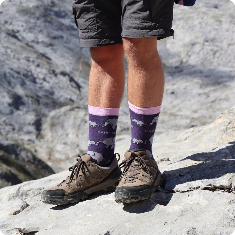 Person wearing purple hiking socks with  elephant design on rocky terrain