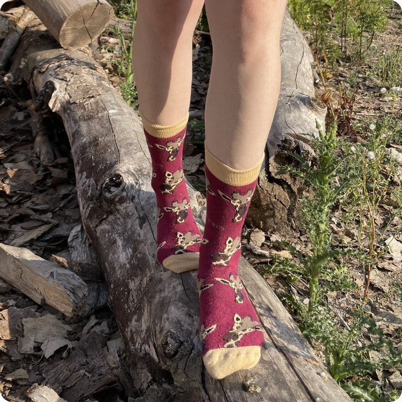 Person wearing maroon socks with giraffe patterns standing on a log in a natural setting.
