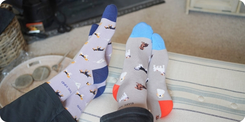A pair of novelty crew socks with a dog print pattern, shown on feet resting on a striped cushion in a home setting.