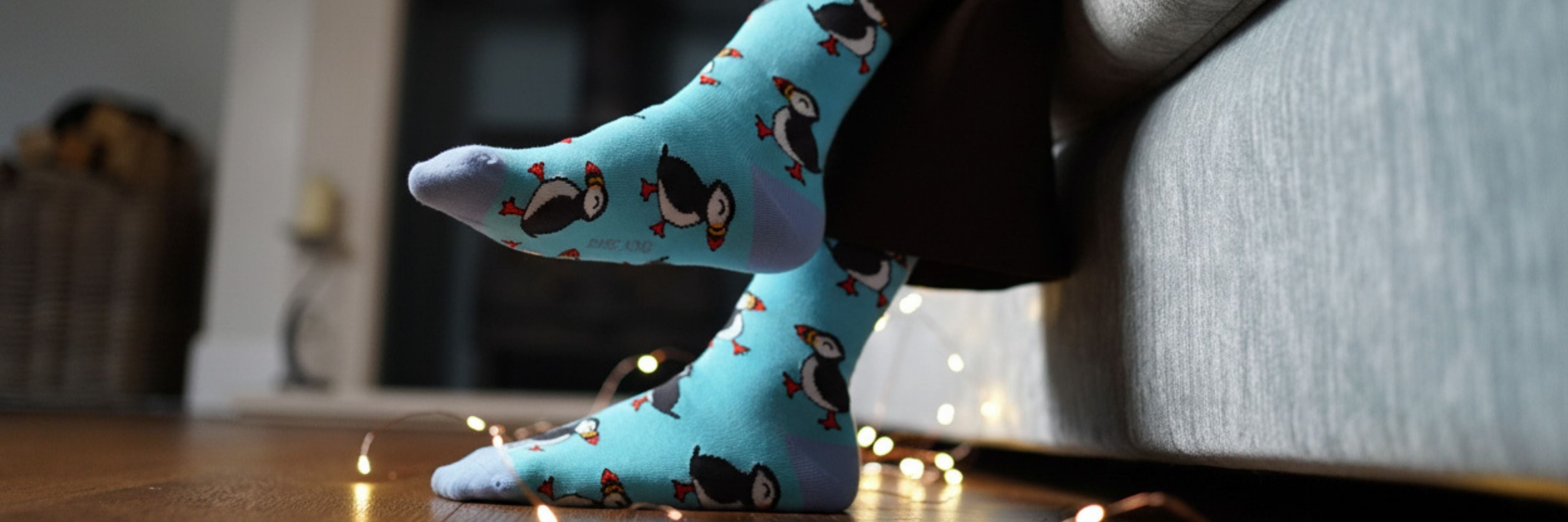 person wearing blue puffin bamboo socks