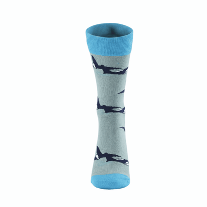 Gray socks with orca pattern and blue toes and cuffs on a white background