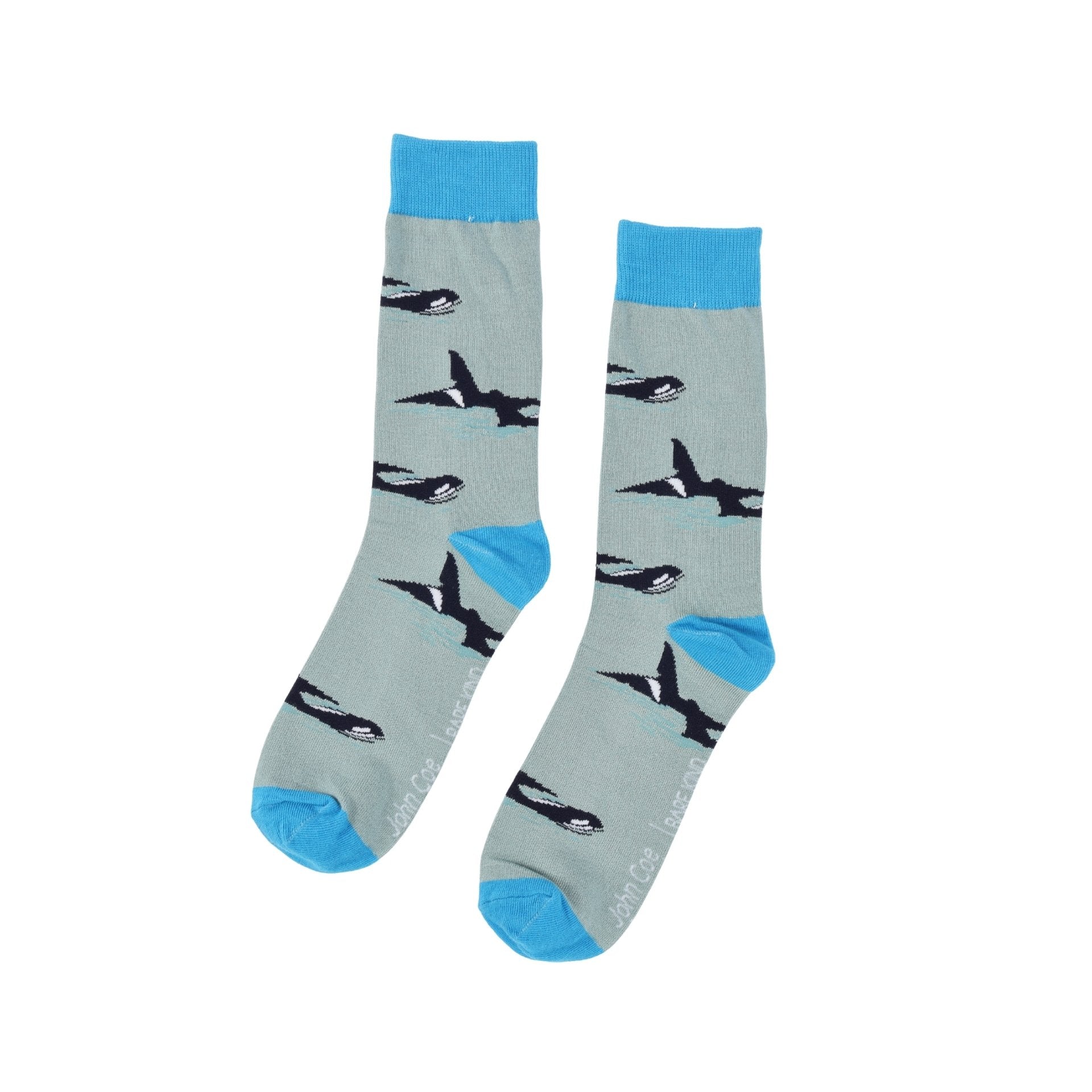 Gray socks with orca pattern and blue accents on a white background