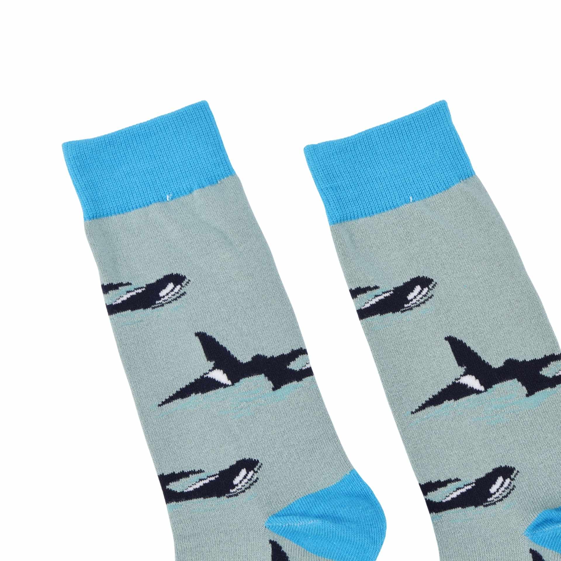 Pair of socks with orca design and blue cuffs and toes on a white background