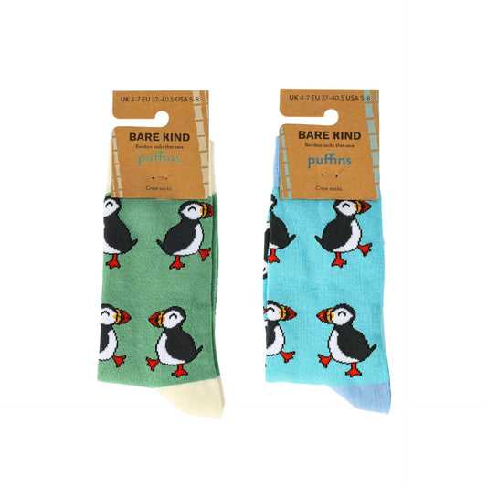 Two pairs of socks with puffin design, one green and one blue, on a white background.