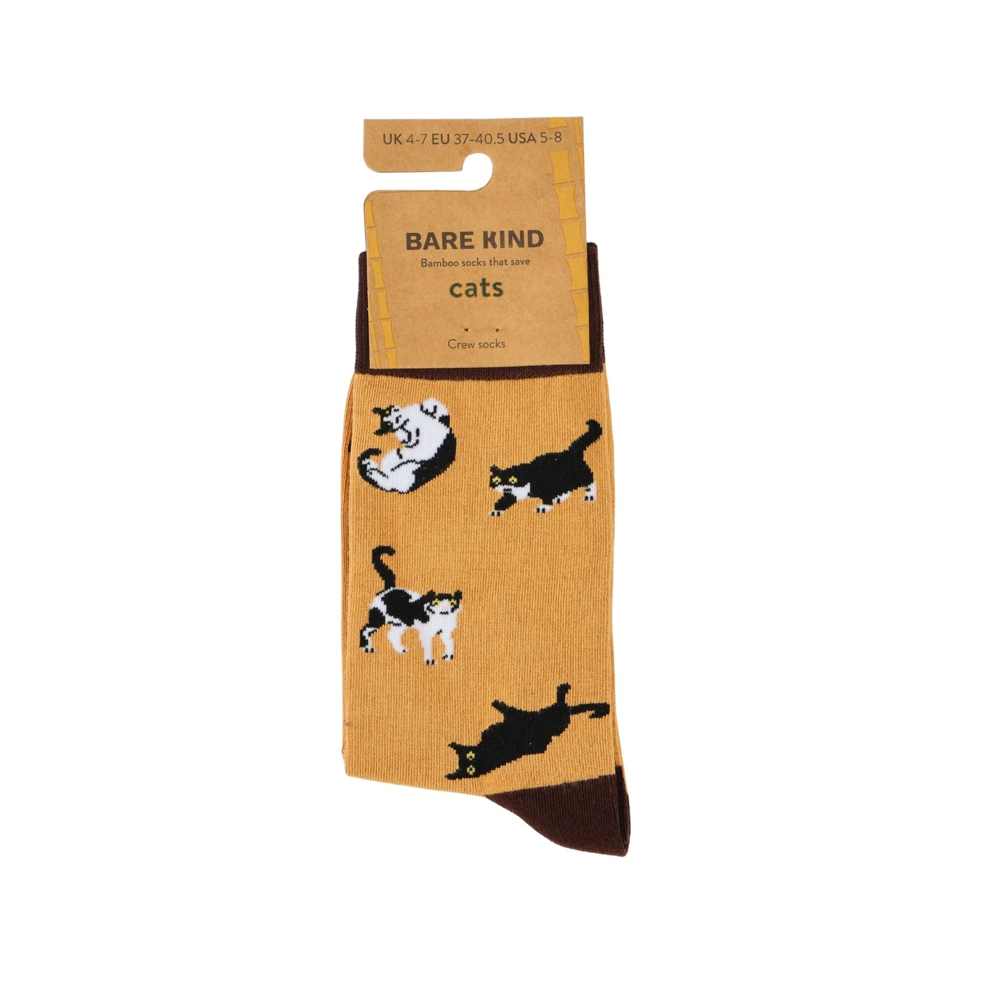 packaging flat lay of yellow brown cat bamboo socks