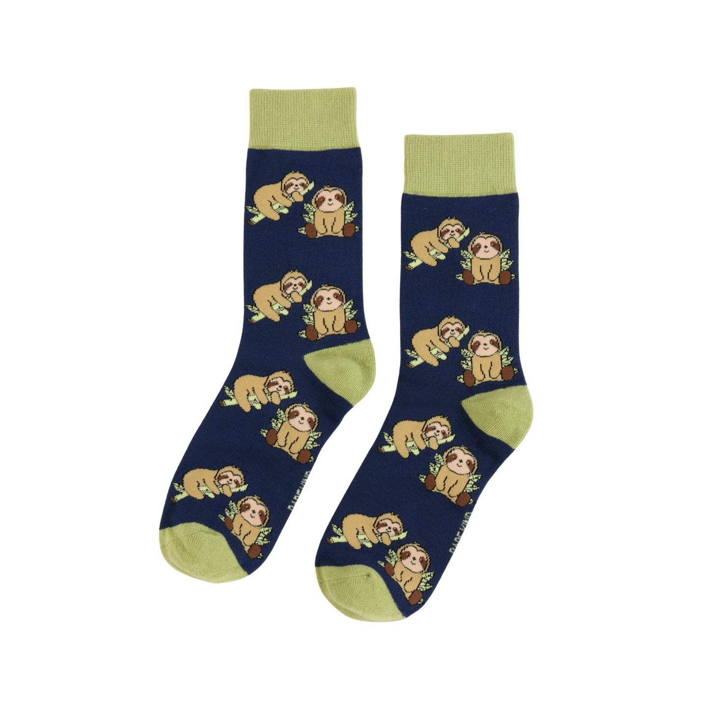 blue sloth socks with green accents on a white background