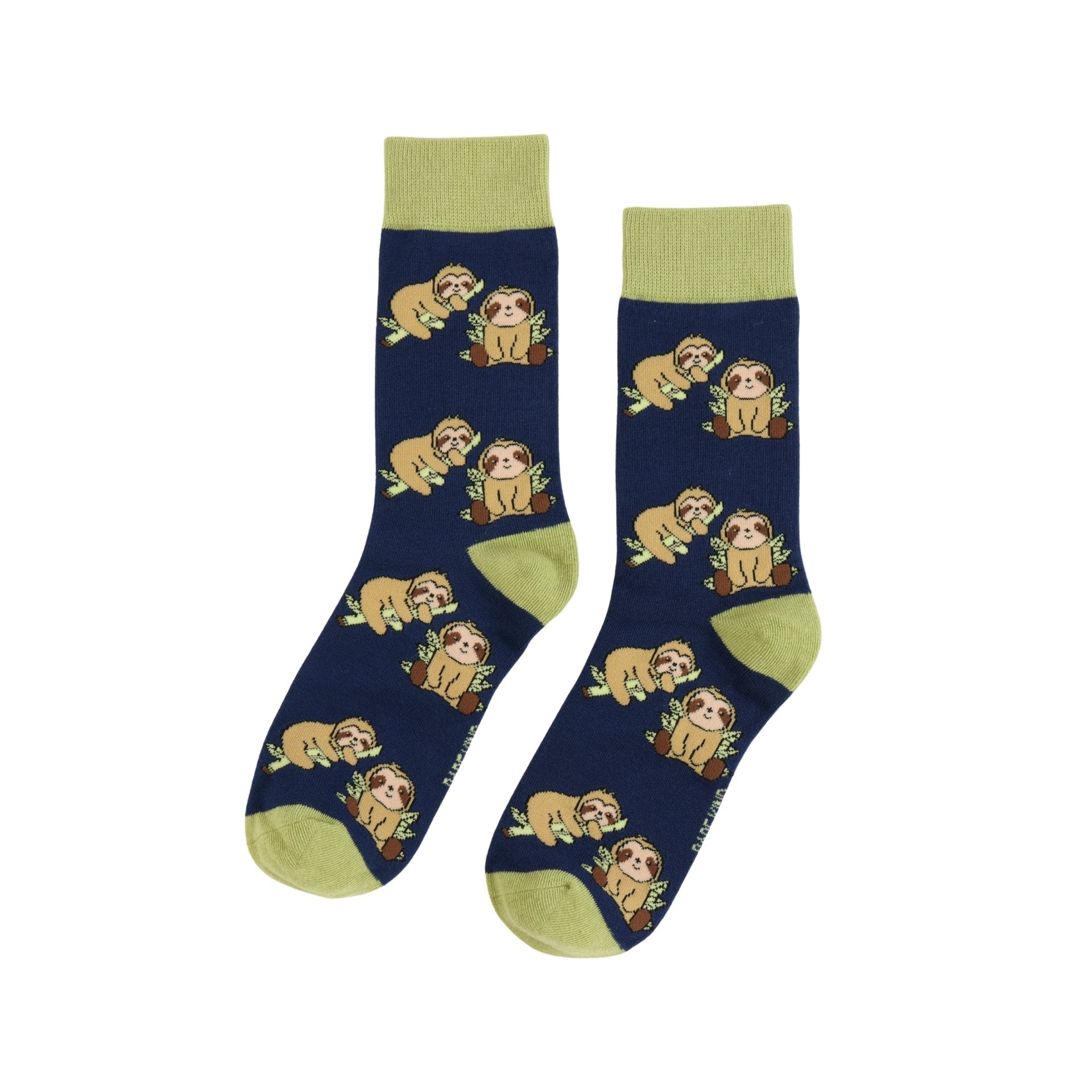 blue sloth socks with green accents on a white background