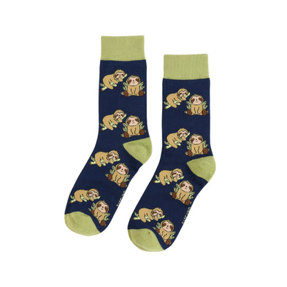 blue sloth socks with green accents on a white background