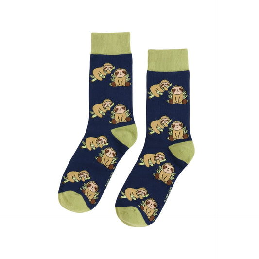 blue sloth socks with green accents on a white background