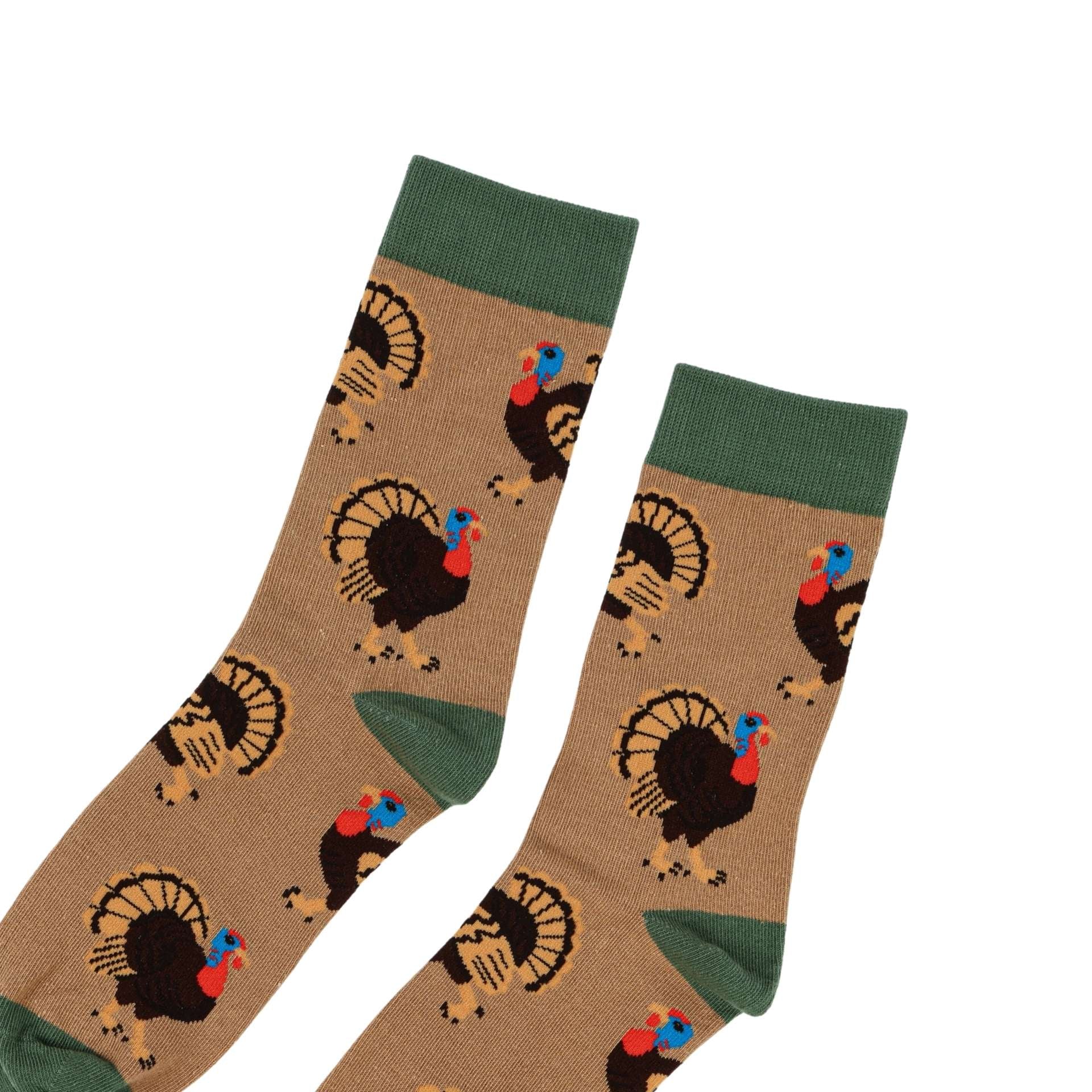 Pair of socks with turkey pattern on a white background