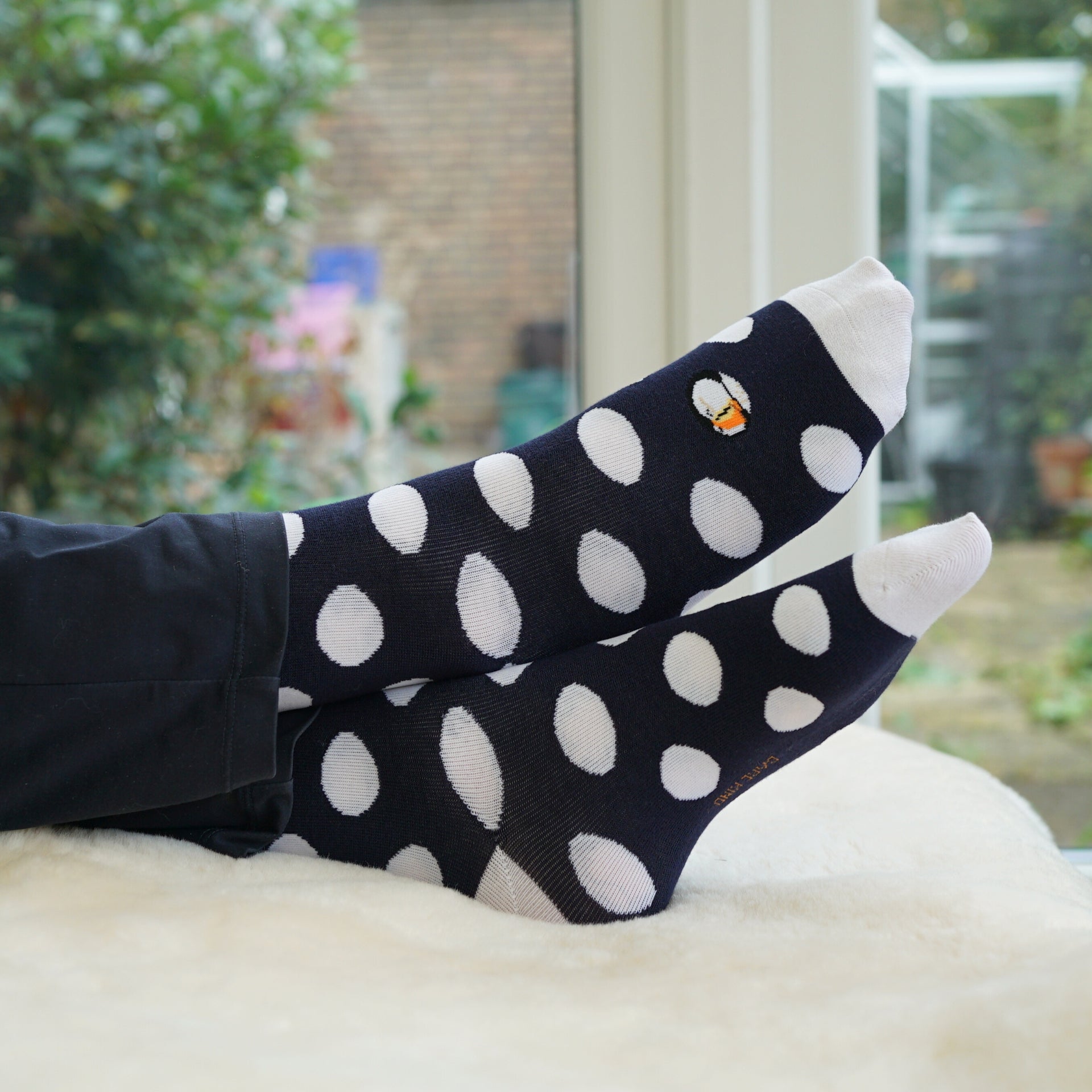 Person wearing black socks with white polka dots on a blurred outdoor background