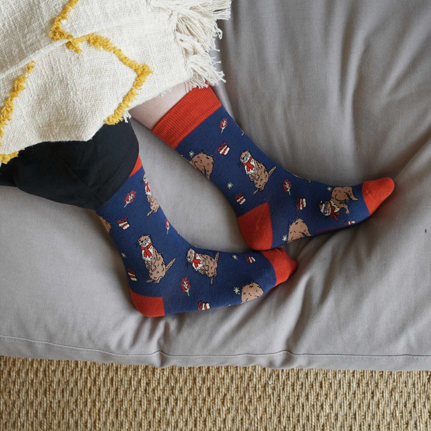 Person wearing blue Christmas Otter socks on a couch