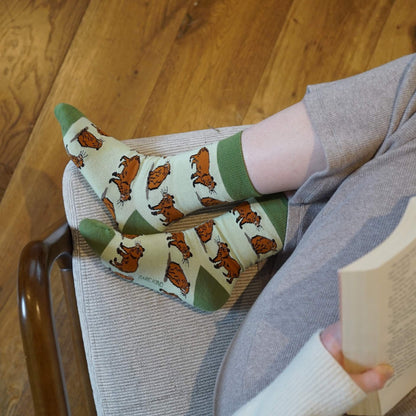 Person wearing green capybara bamboo socks