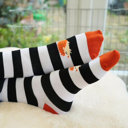 Black and white striped socks with red toes and tips on a blurred background
