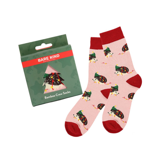Christmas Hedgehog socks with packaging on a white background