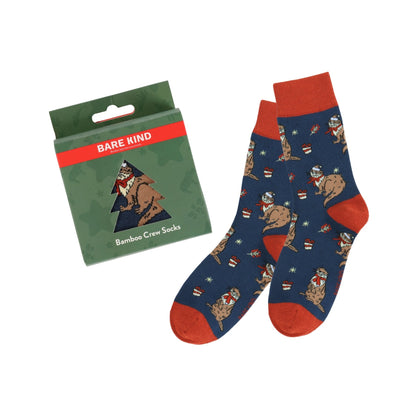 Christmas Otters socks with packaging on a white background