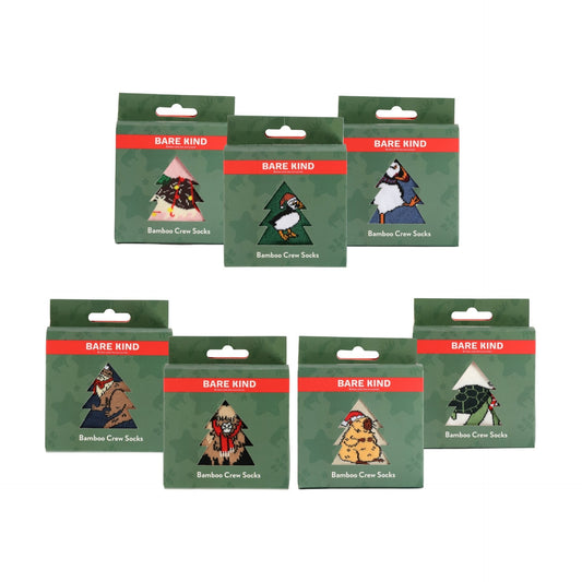 Set of Christmas bamboo crew socks packaging on a white background