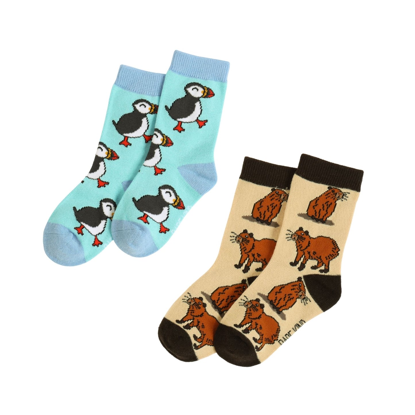 Two pairs of socks with puffin and capybara designs on a white background