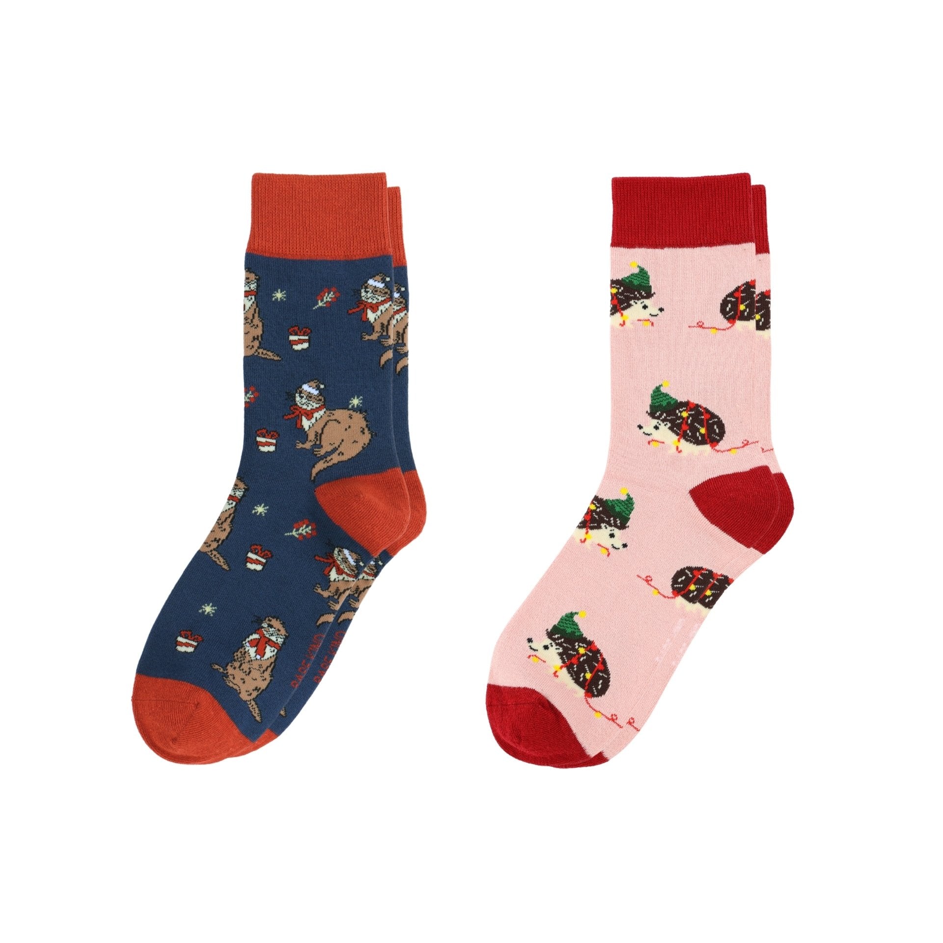 Two pairs of otter and hedgehog socks on a white background