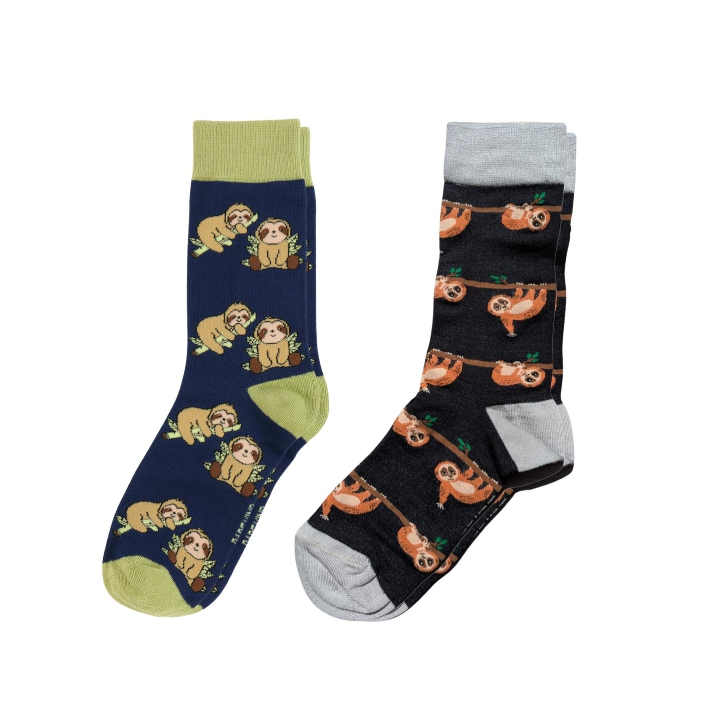Two pairs of socks with sloth designs on a white background