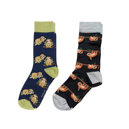 Two pairs of socks with sloth designs on a white background