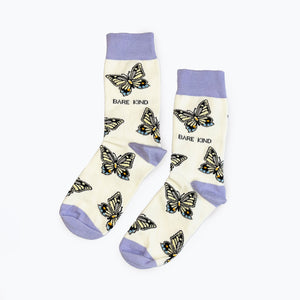 flat lay of cream and lavender bamboo butterfly socks