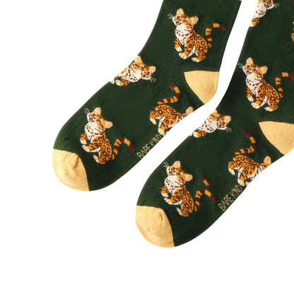 Green socks with leopard pattern on a white background
