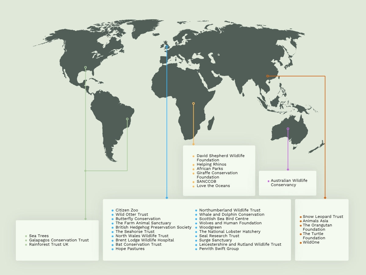 A world map graphic with colored country outlines and labeled conservation trusts listed beneath each continent on a pale green background.