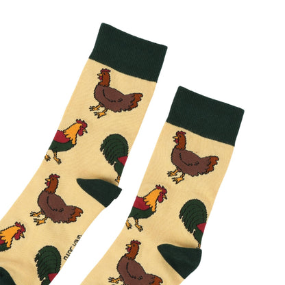Pair of socks with chicken pattern on a white background