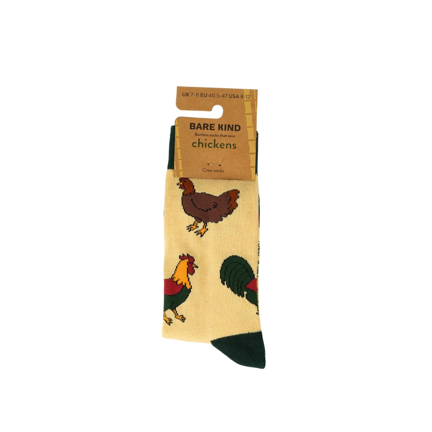 Packaged sock with chicken design and 'Bare Kind' label on a white background
