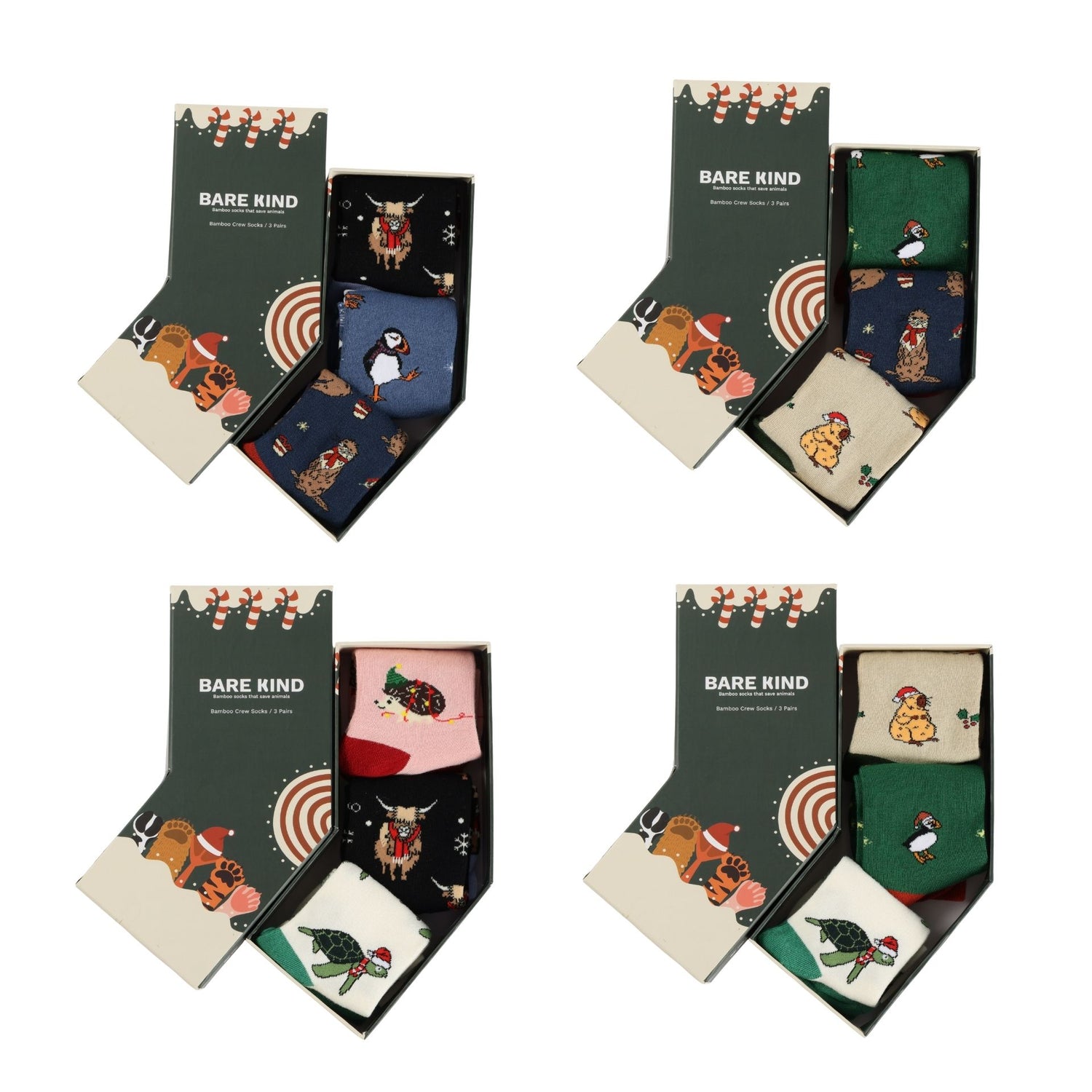 Set of 'Bare Kind' socks in various designs with packaging on a white background