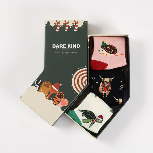 Box of Bare Kind socks with various designs on a white background