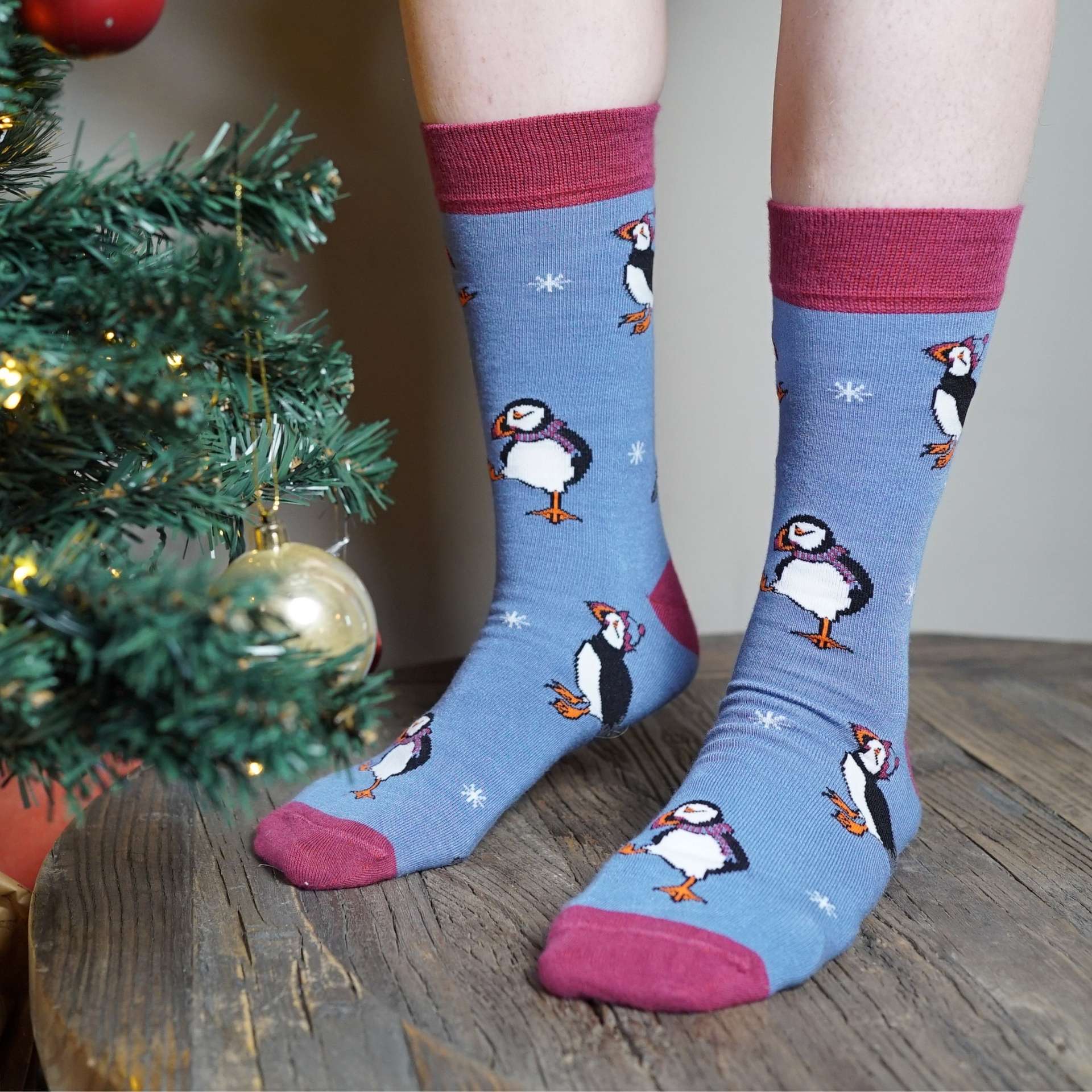 Blue christmas puffins bamboo socks