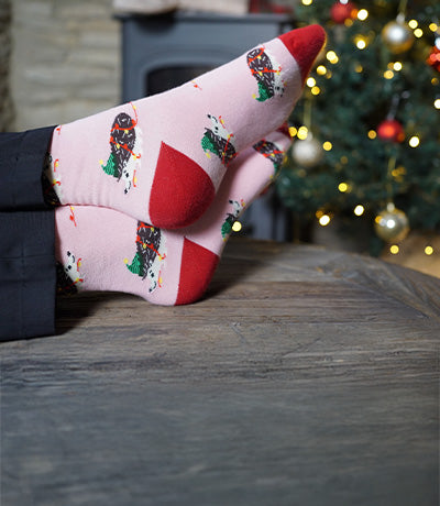 Person wearing socks with a pattern of christmas hedgehogs