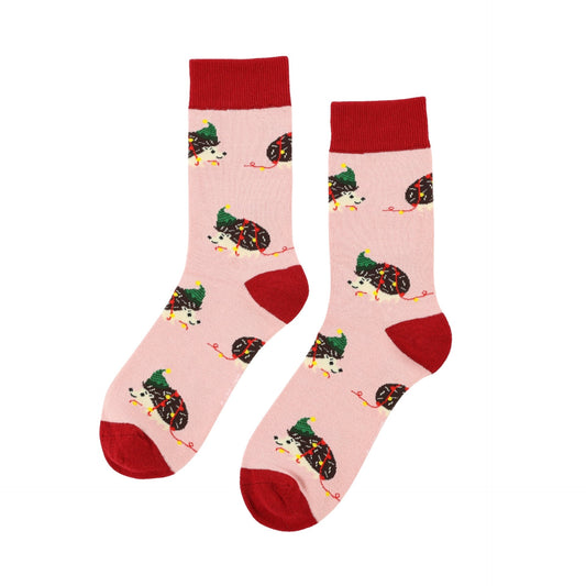 Pink christmas hedgehogs bamboo socks