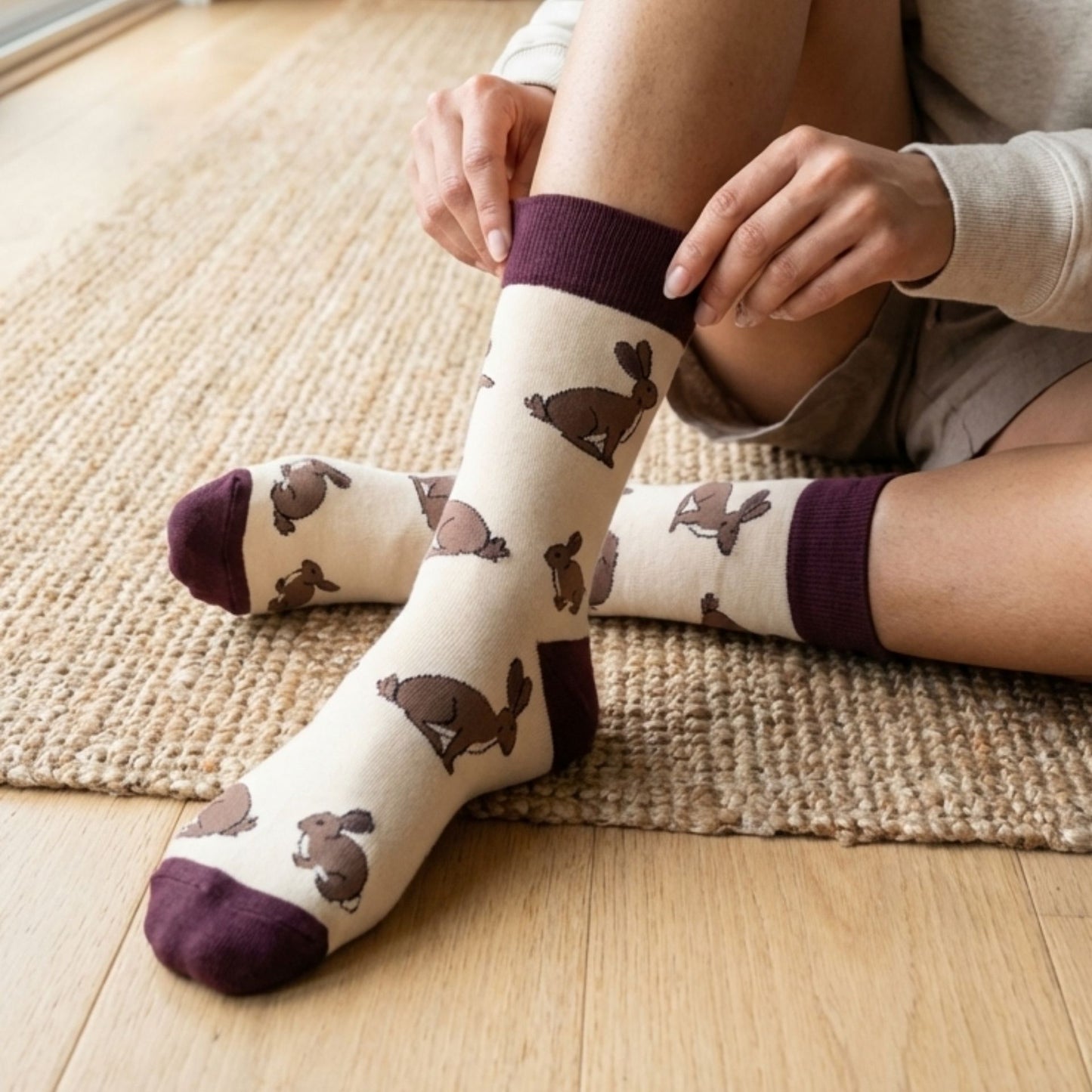 Person wearing socks with hare pattern on a wooden floor