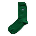 flat lay of emerald green ribbed bamboo socks with embroidered elephant motif on the cuff