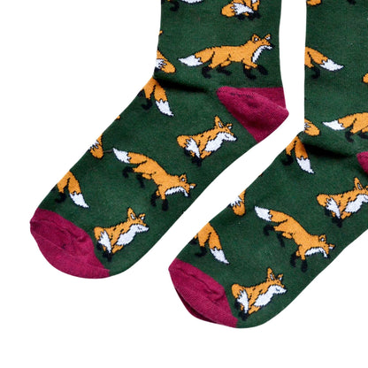 toe closeup flat lay of dark green and maroon fox socks