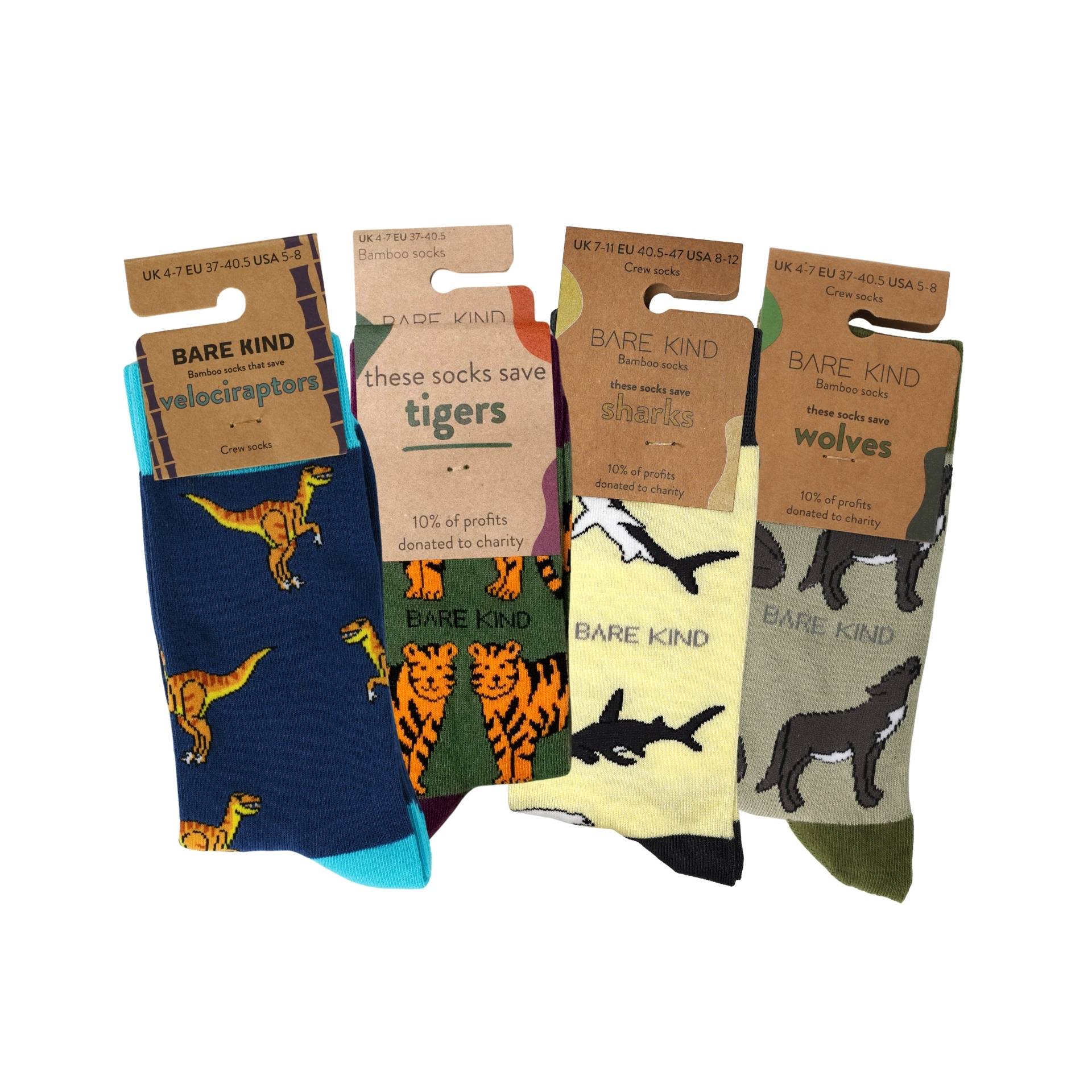 Four pairs of Bare Kind socks with animal designs and packaging on a white background