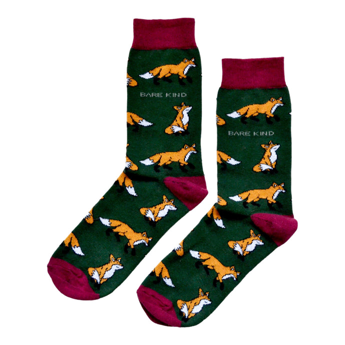 flat lay of dark green and maroon fox socks