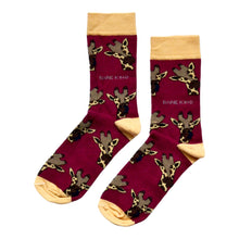 flat lay of burgundy bamboo socks in giraffe print
