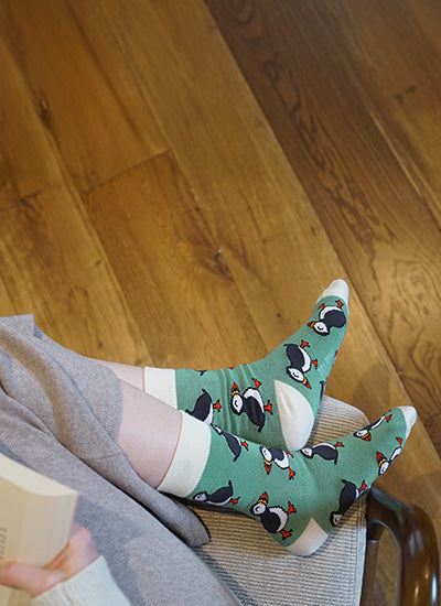 green puffin bamboo socks
