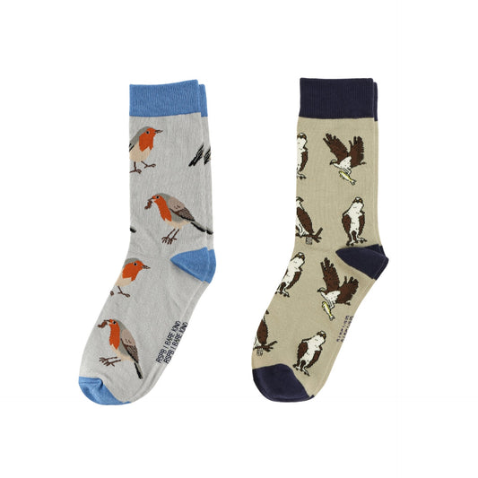A pair of crew socks with a bird pattern, shown side by side. The left sock is light gray with blue cuffs, heels, and toes, featuring robin illustrations.