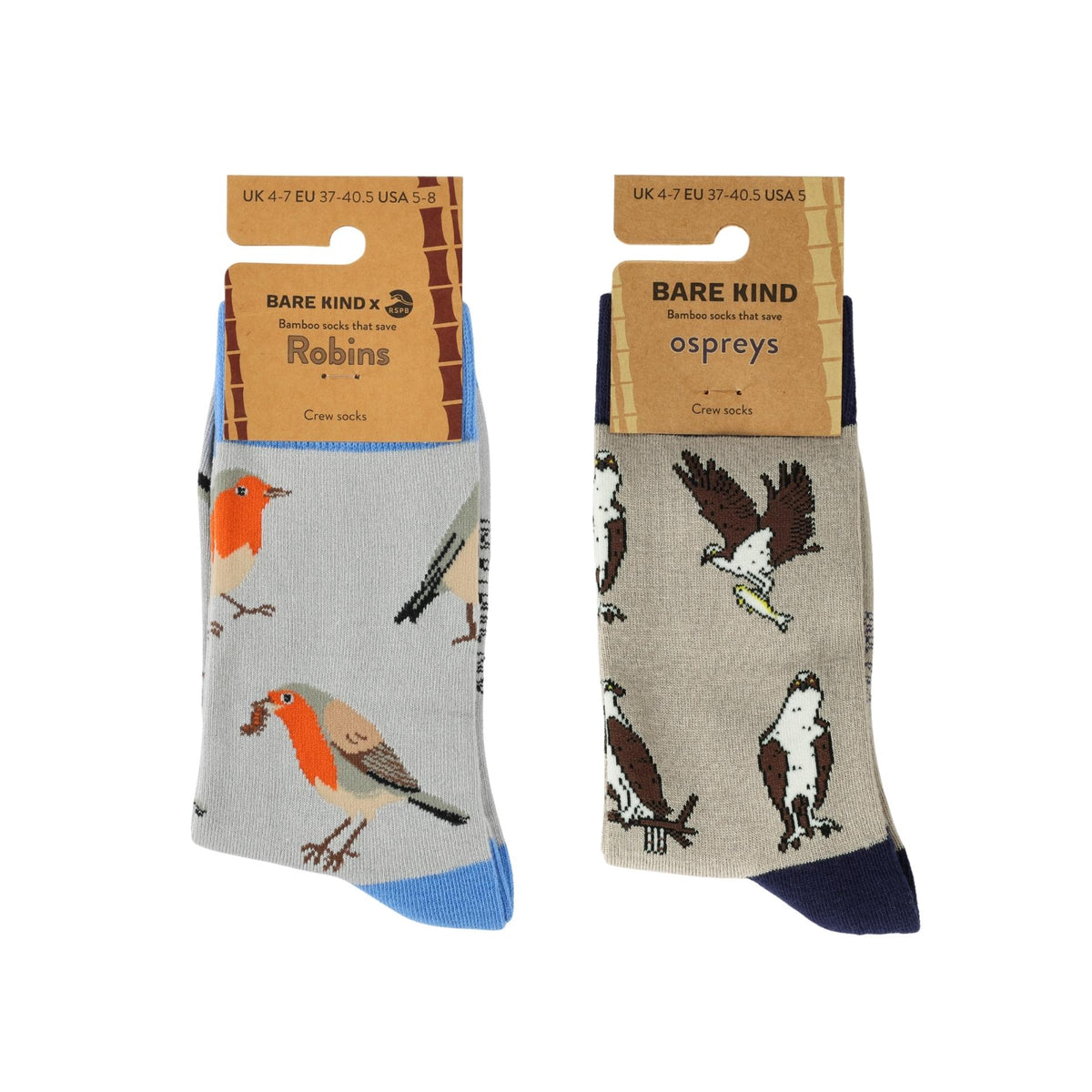 Two pairs of Bare Kind x Robins crew socks displayed side by side on a white background. The left pair, named 'Robins', features a light gray base with an orange-breasted robin pattern and a bright blue toe and cuff.