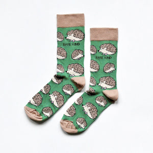 flat lay of green bamboo hedgehog socks