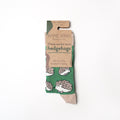 flat lay of 100% recyclable packaging from green bamboo hedgehog socks