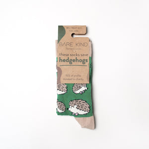 flat lay of 100% recyclable packaging from green bamboo hedgehog socks