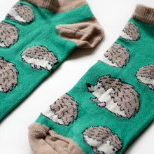 closeup of green hedgehog bamboo trainer socks
