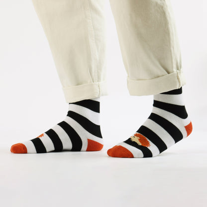 Pair of Hedgehog stripes socks worn by a person on a white background