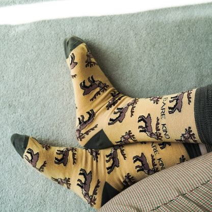 Model wearing highland deer bamboo socks